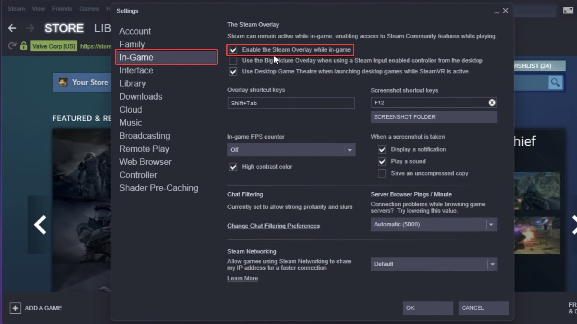 Uncheck Enable the Steam overlay while in-game